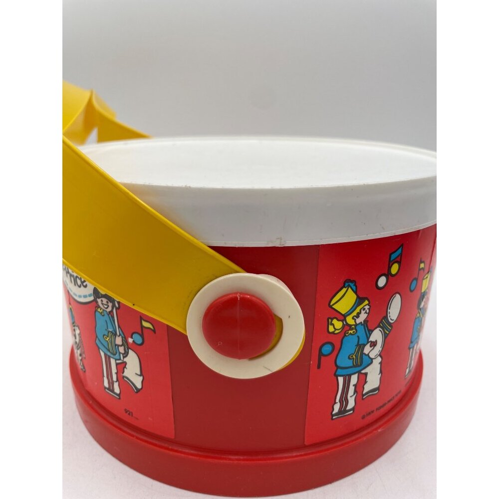 Vintage Fisher-Price Plastic Toy Drum Yellow Handle Marching Band Graphics 1979 - Picture 4 of 16